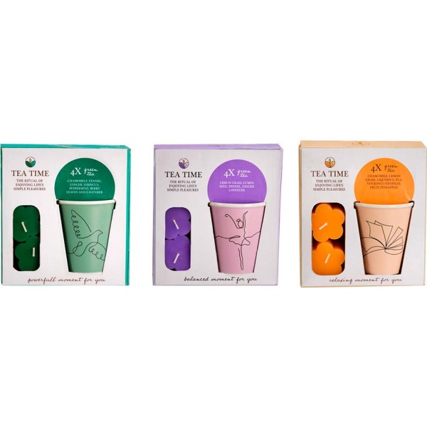 Estuche con taza de té y velas, modelos variados